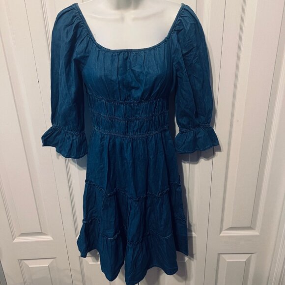 Speed Limit MPH-NWT-Denim/Jean Stretchy Rouching Waist Poet Sleeve-Ruffles-Small - Picture 8 of 16